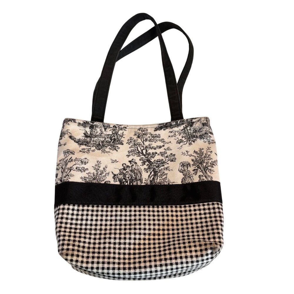 B’s Black & White Toile Print Tote Bag Gingham Design & Black Accent Dual Straps - Picture 2 of 7